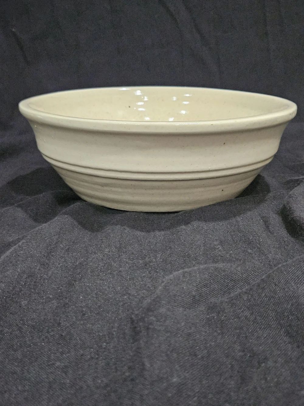 Vintage Stoneware Mixing Bowl Cream Ceramic Flared Rim Ribbed Farmhouse Ringware